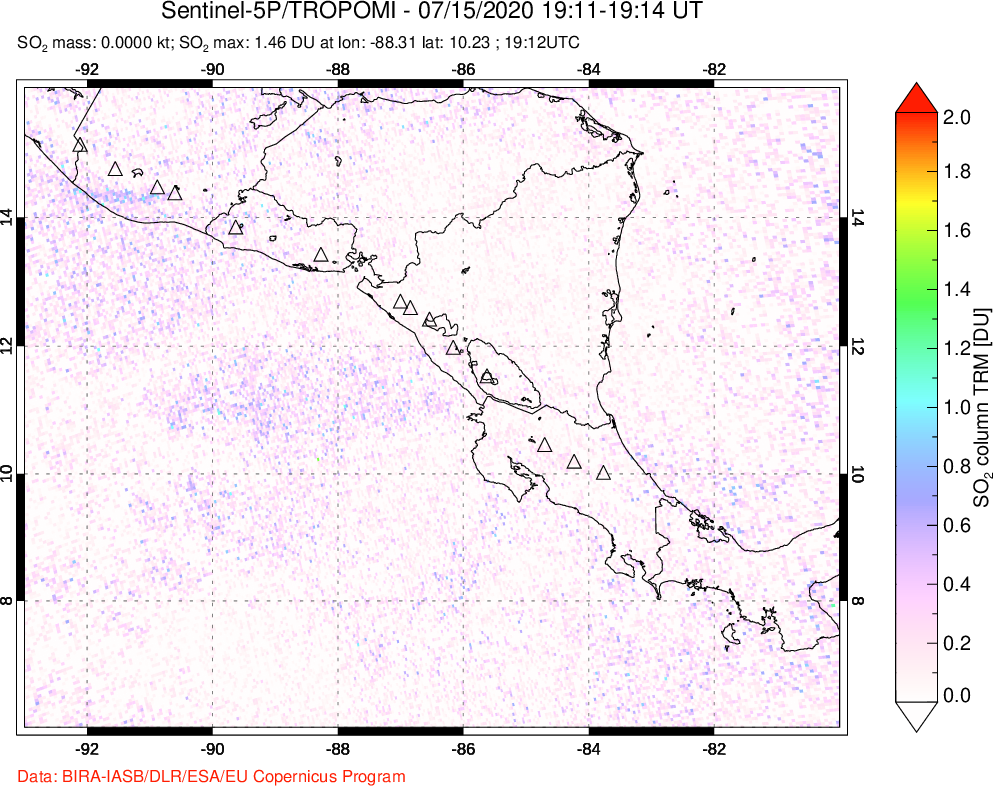 A sulfur dioxide image over Central America on Jul 15, 2020.
