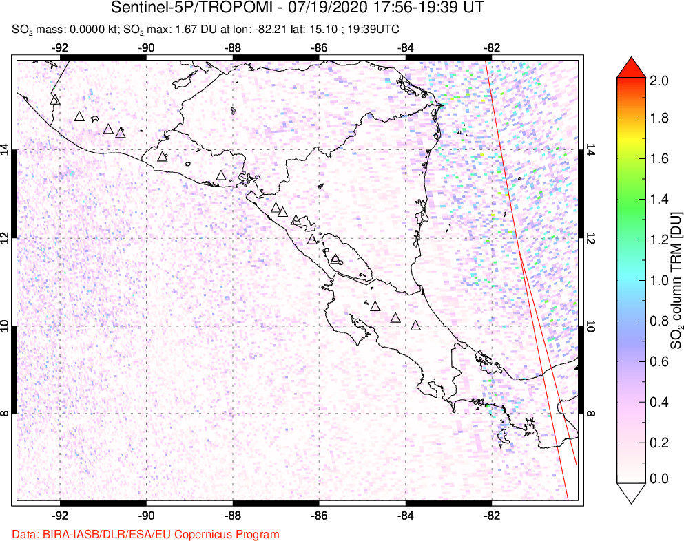 A sulfur dioxide image over Central America on Jul 19, 2020.