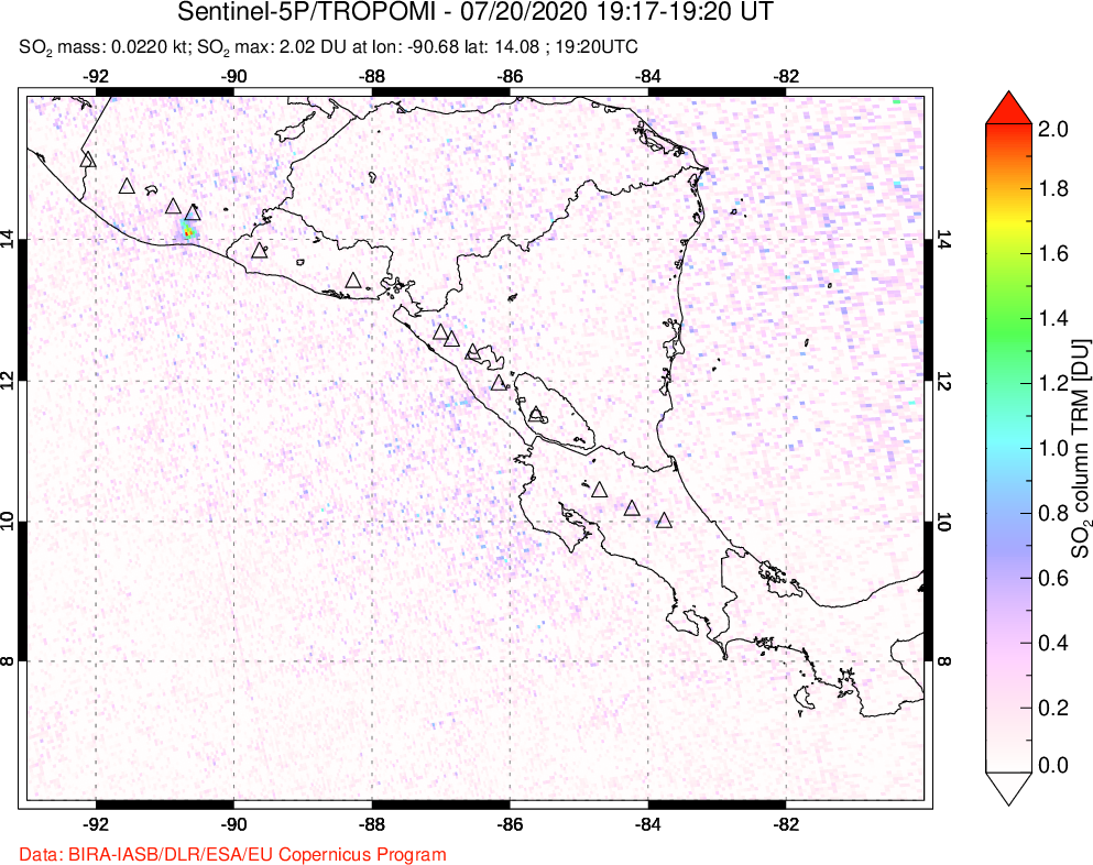 A sulfur dioxide image over Central America on Jul 20, 2020.