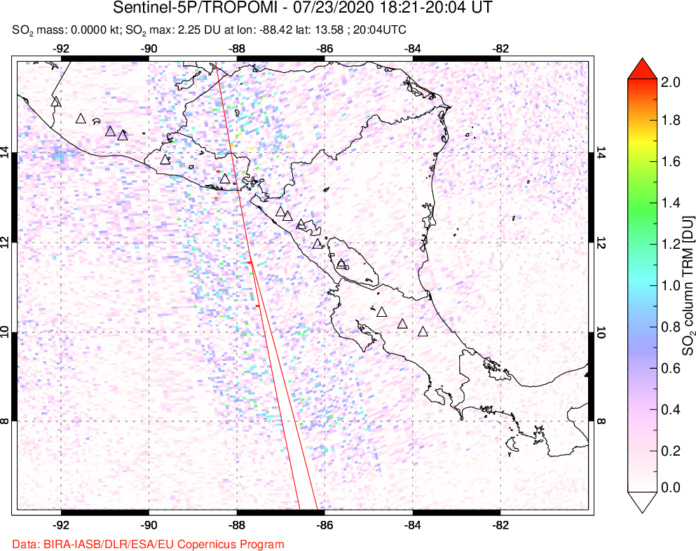 A sulfur dioxide image over Central America on Jul 23, 2020.