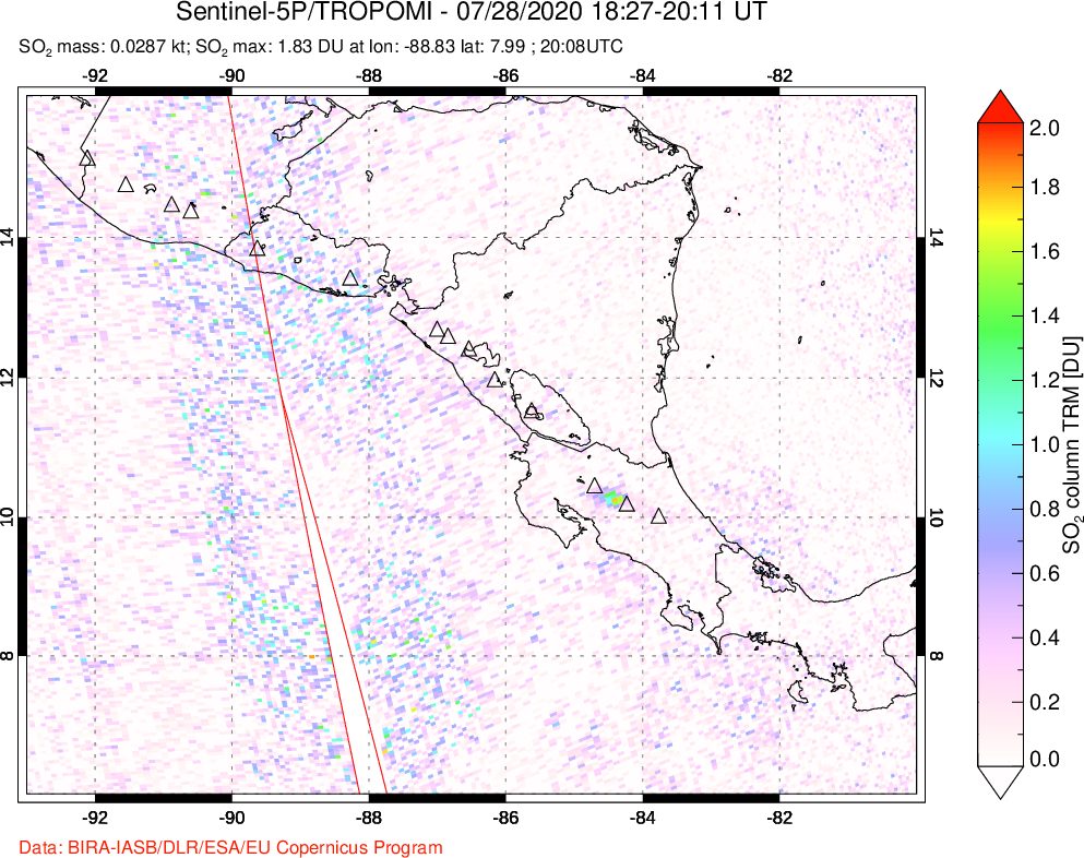 A sulfur dioxide image over Central America on Jul 28, 2020.