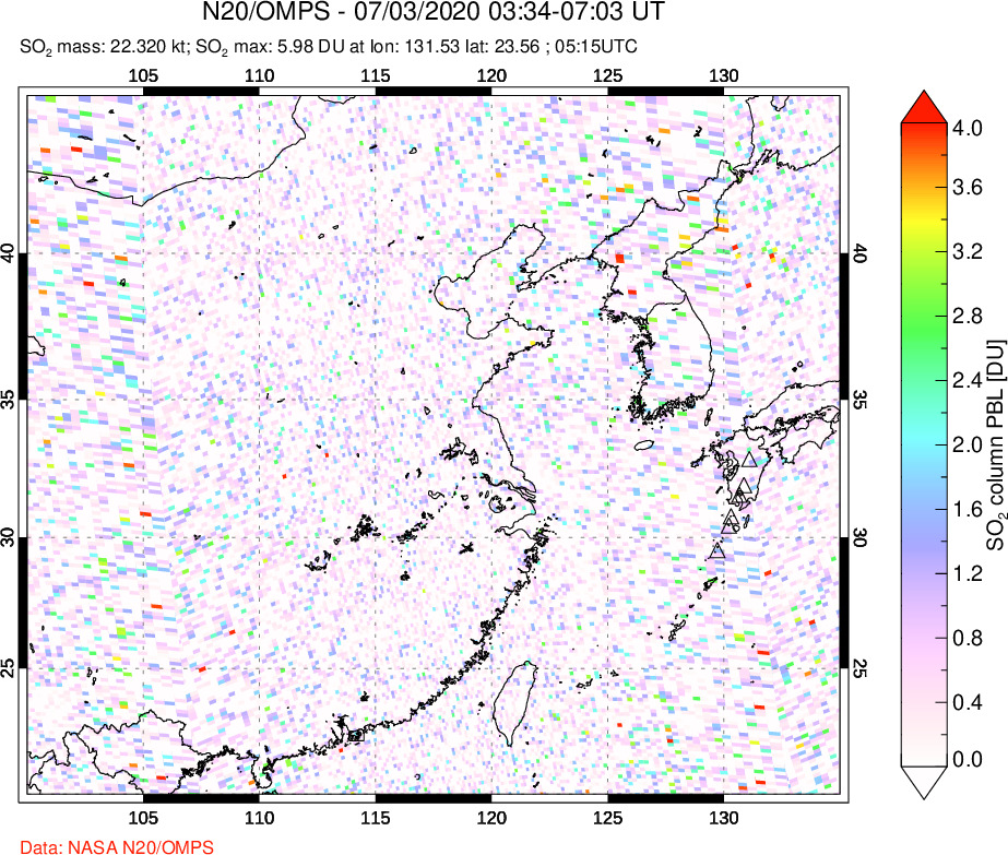 A sulfur dioxide image over Eastern China on Jul 03, 2020.
