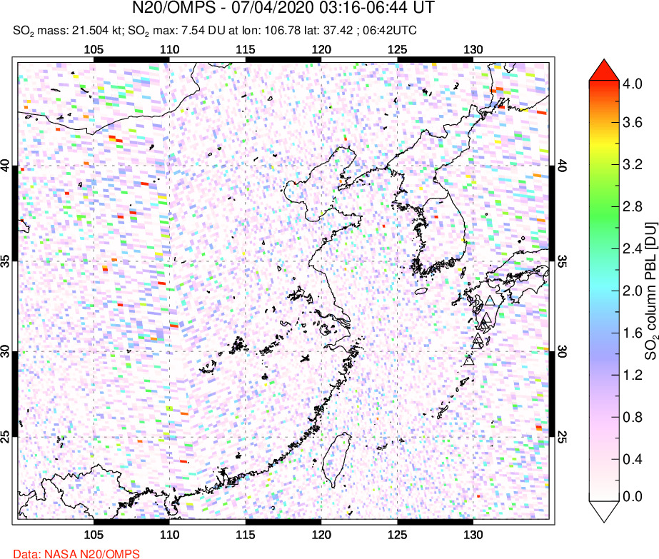 A sulfur dioxide image over Eastern China on Jul 04, 2020.