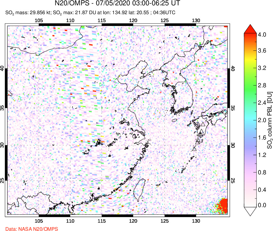 A sulfur dioxide image over Eastern China on Jul 05, 2020.