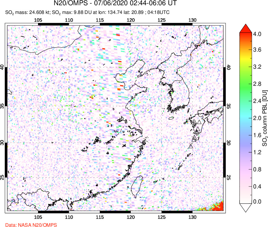 A sulfur dioxide image over Eastern China on Jul 06, 2020.