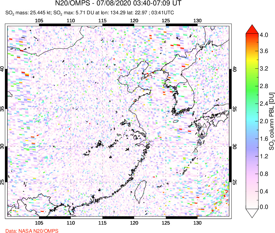 A sulfur dioxide image over Eastern China on Jul 08, 2020.