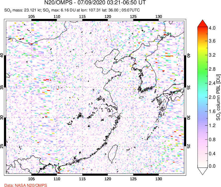 A sulfur dioxide image over Eastern China on Jul 09, 2020.