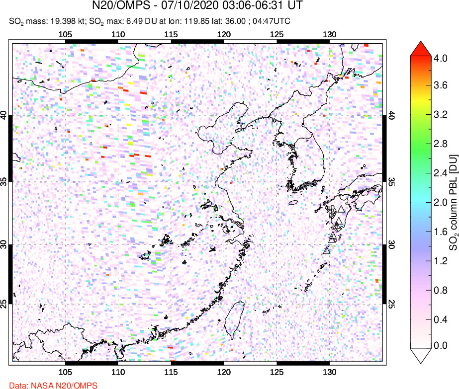 A sulfur dioxide image over Eastern China on Jul 10, 2020.