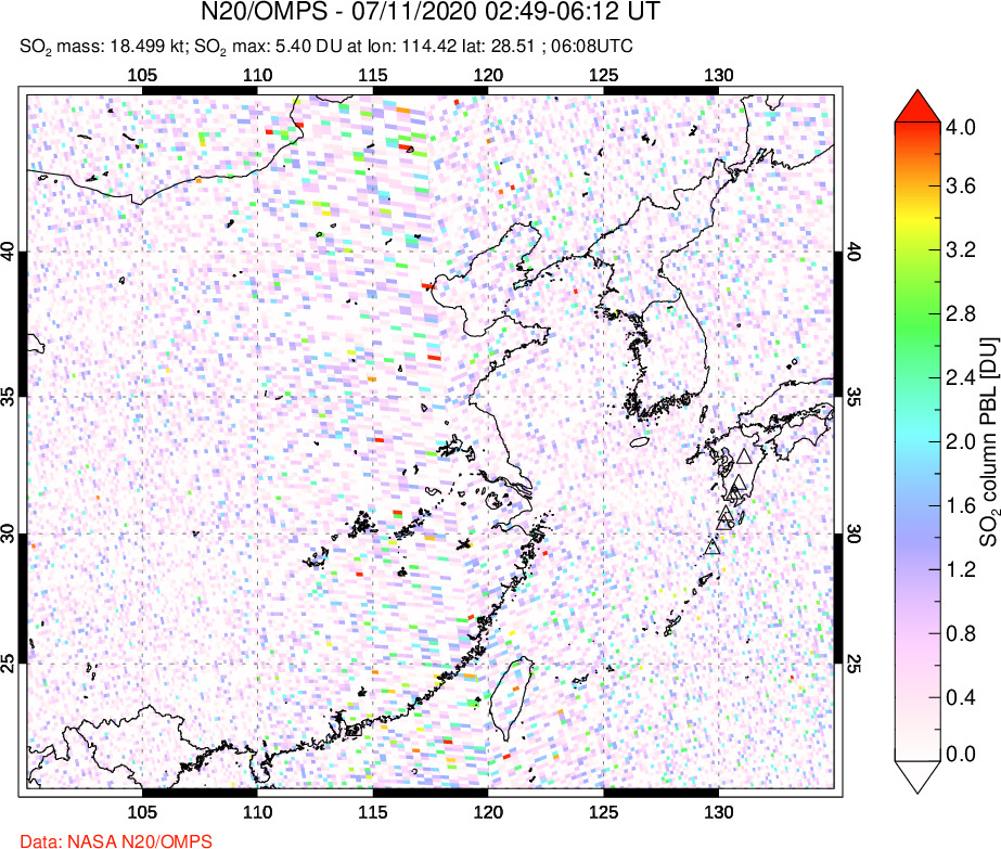 A sulfur dioxide image over Eastern China on Jul 11, 2020.