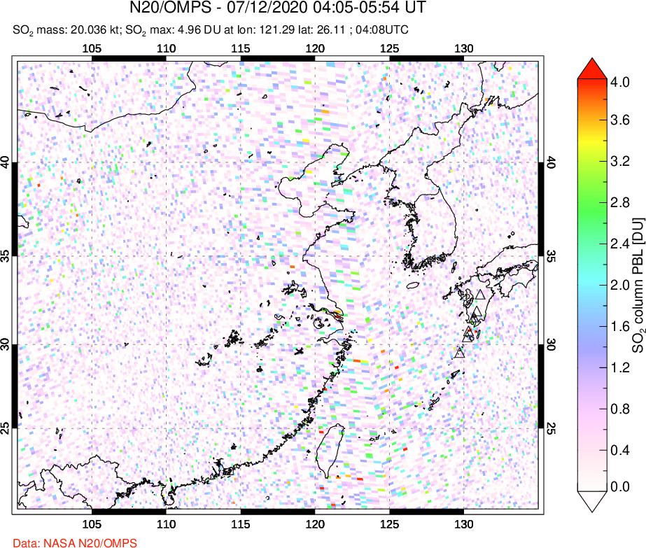 A sulfur dioxide image over Eastern China on Jul 12, 2020.