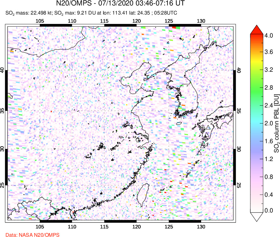 A sulfur dioxide image over Eastern China on Jul 13, 2020.