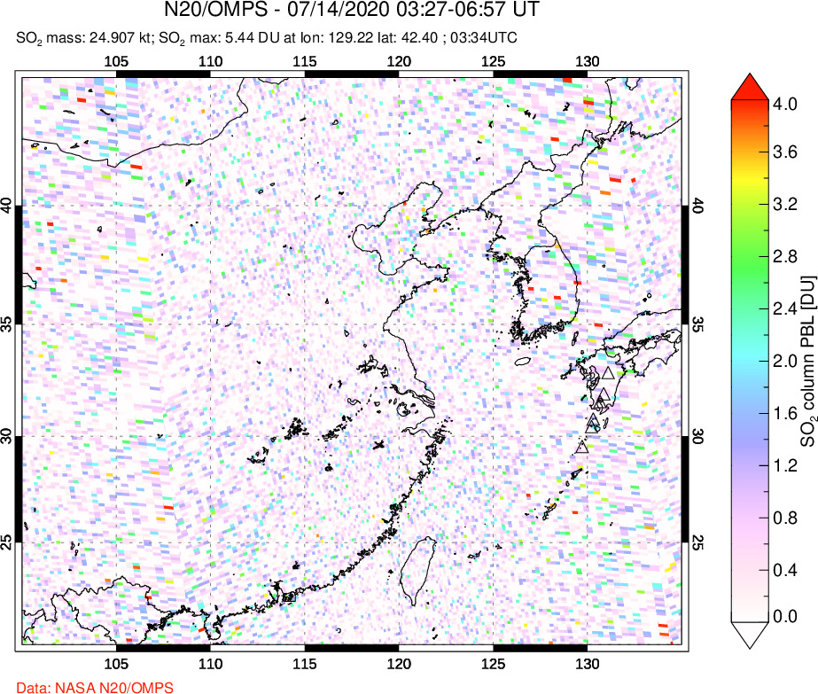 A sulfur dioxide image over Eastern China on Jul 14, 2020.