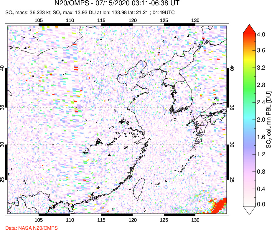 A sulfur dioxide image over Eastern China on Jul 15, 2020.