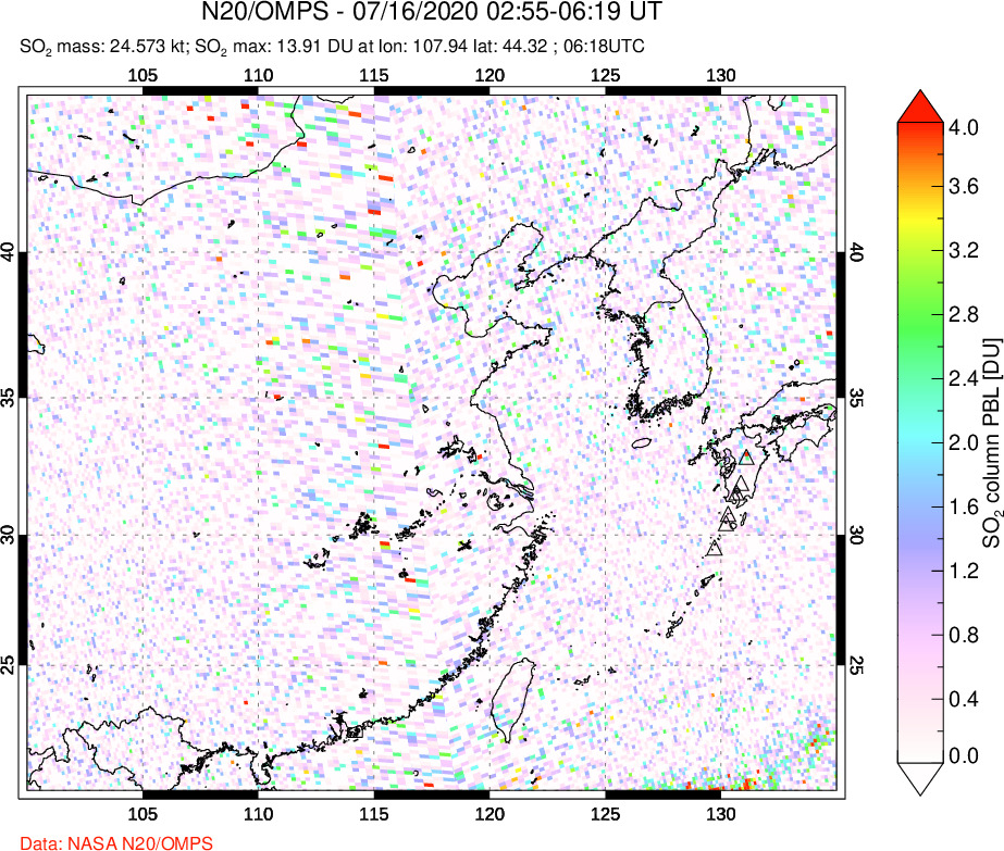A sulfur dioxide image over Eastern China on Jul 16, 2020.