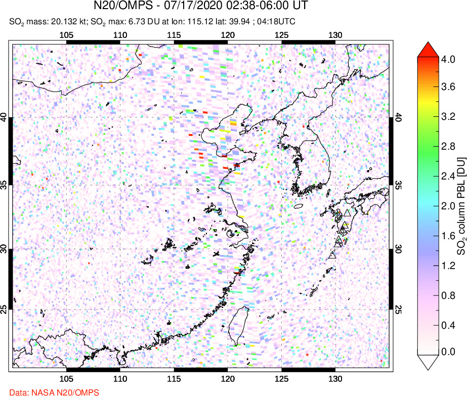 A sulfur dioxide image over Eastern China on Jul 17, 2020.