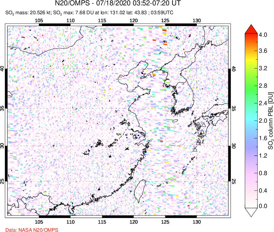 A sulfur dioxide image over Eastern China on Jul 18, 2020.