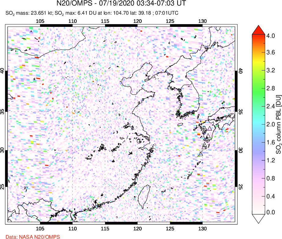 A sulfur dioxide image over Eastern China on Jul 19, 2020.