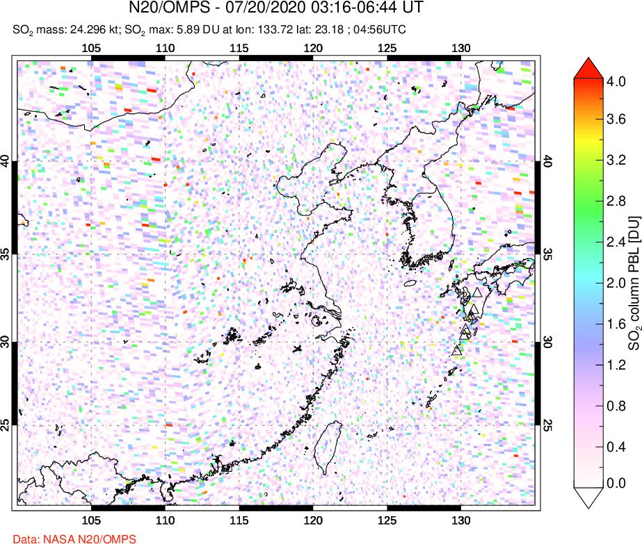 A sulfur dioxide image over Eastern China on Jul 20, 2020.