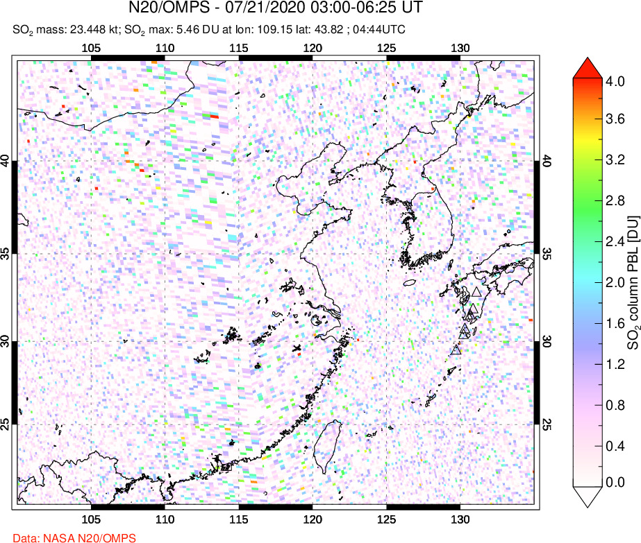 A sulfur dioxide image over Eastern China on Jul 21, 2020.