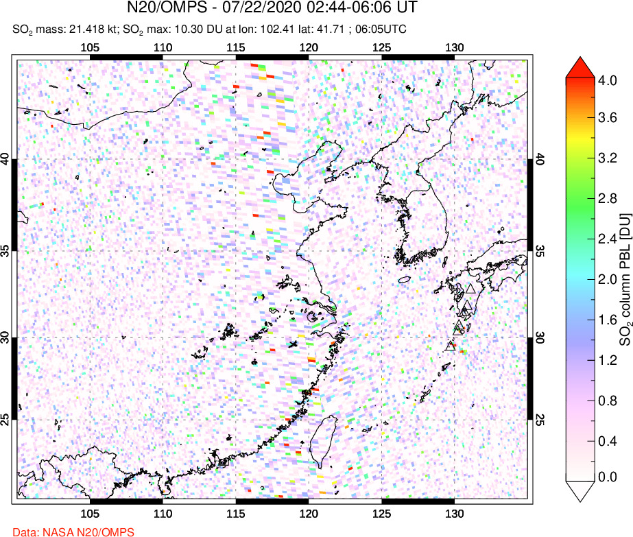 A sulfur dioxide image over Eastern China on Jul 22, 2020.