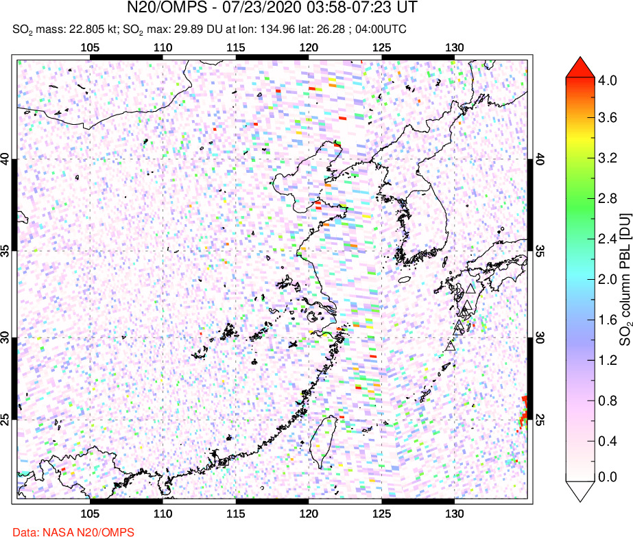 A sulfur dioxide image over Eastern China on Jul 23, 2020.