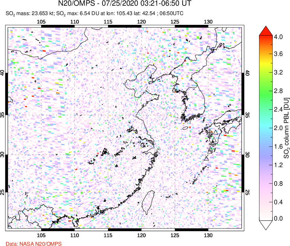 A sulfur dioxide image over Eastern China on Jul 25, 2020.