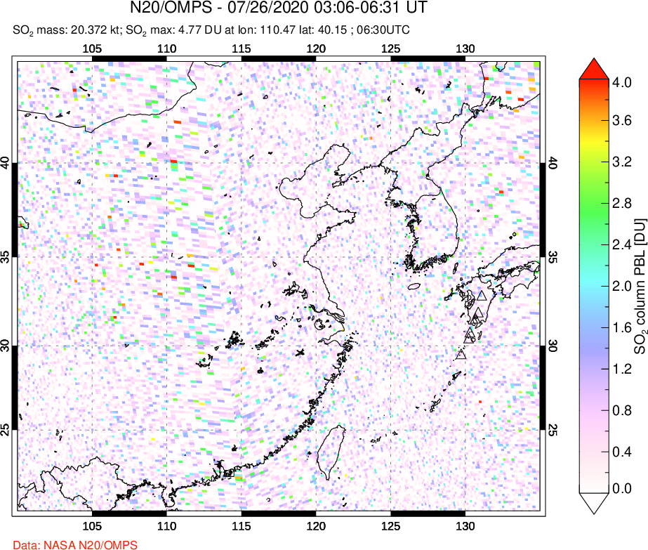A sulfur dioxide image over Eastern China on Jul 26, 2020.