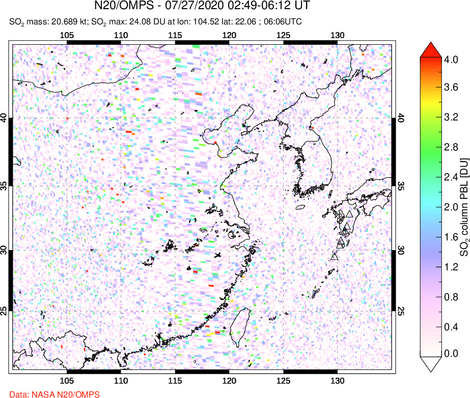 A sulfur dioxide image over Eastern China on Jul 27, 2020.