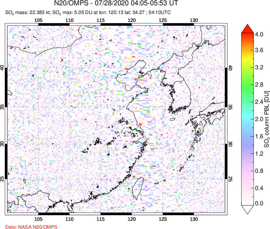A sulfur dioxide image over Eastern China on Jul 28, 2020.