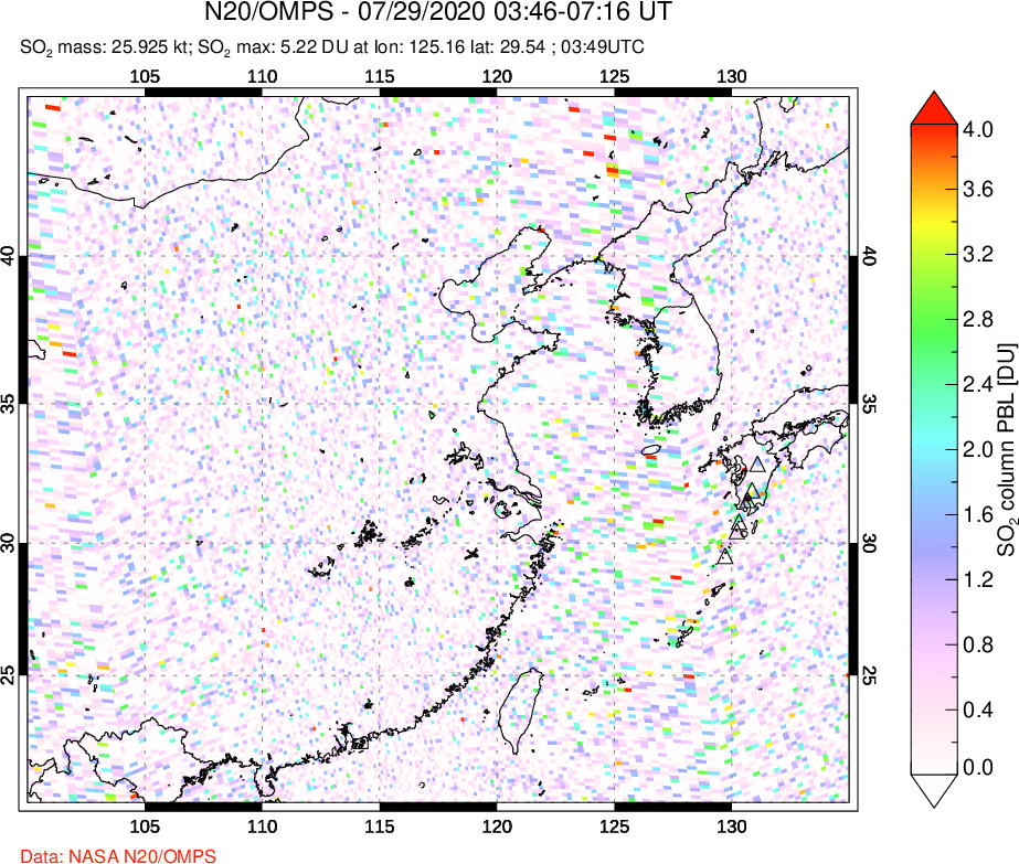 A sulfur dioxide image over Eastern China on Jul 29, 2020.