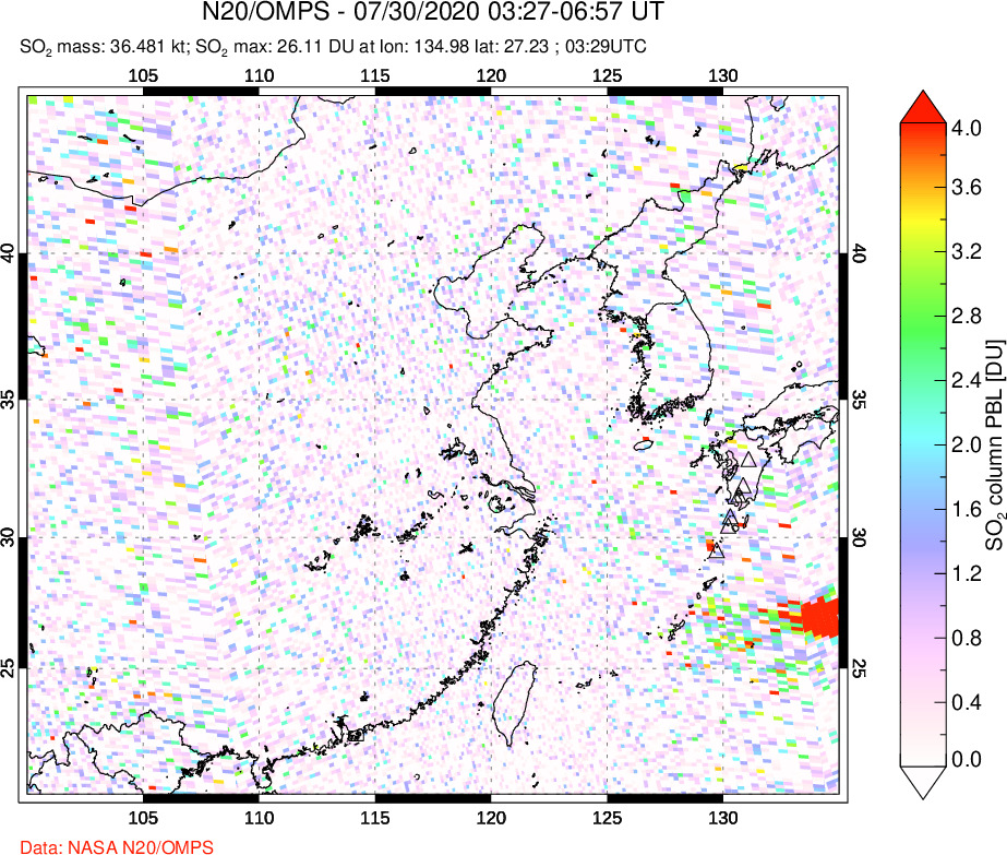 A sulfur dioxide image over Eastern China on Jul 30, 2020.