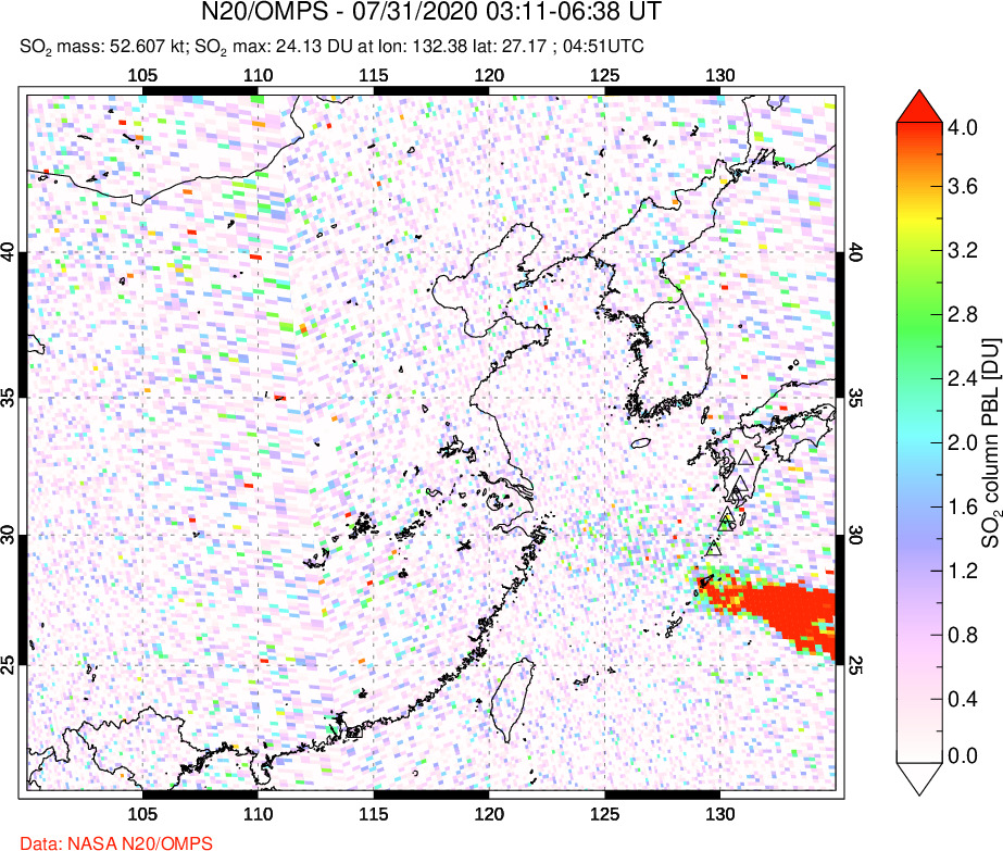 A sulfur dioxide image over Eastern China on Jul 31, 2020.