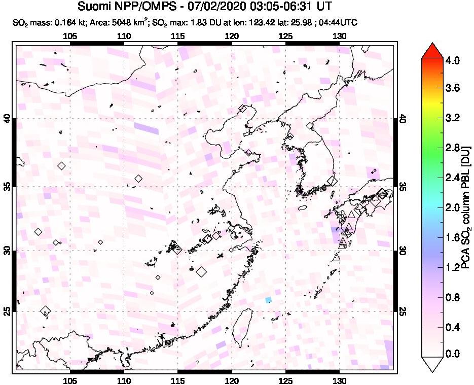 A sulfur dioxide image over Eastern China on Jul 02, 2020.