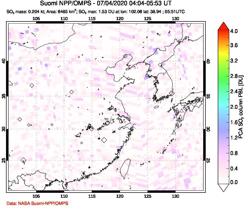 A sulfur dioxide image over Eastern China on Jul 04, 2020.
