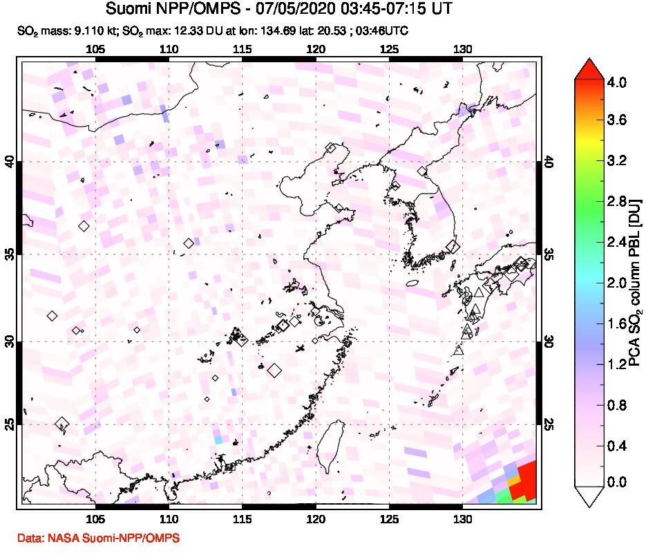 A sulfur dioxide image over Eastern China on Jul 05, 2020.