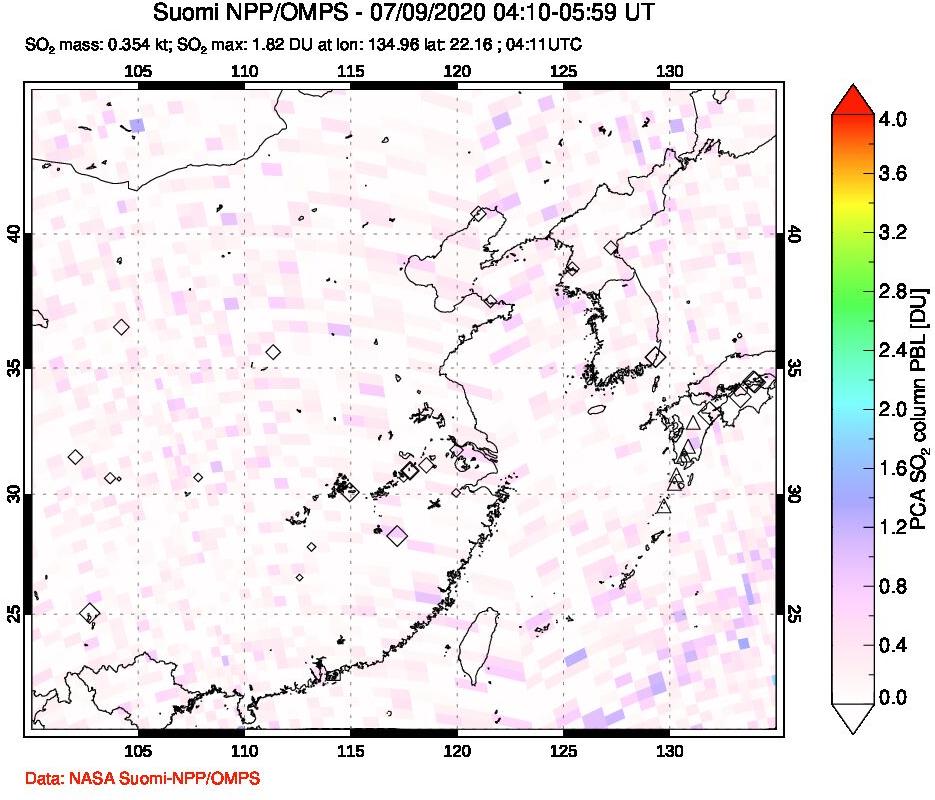 A sulfur dioxide image over Eastern China on Jul 09, 2020.