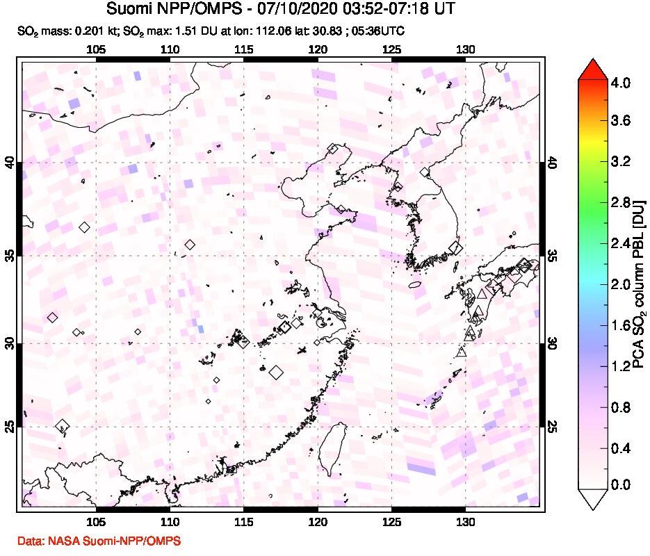 A sulfur dioxide image over Eastern China on Jul 10, 2020.