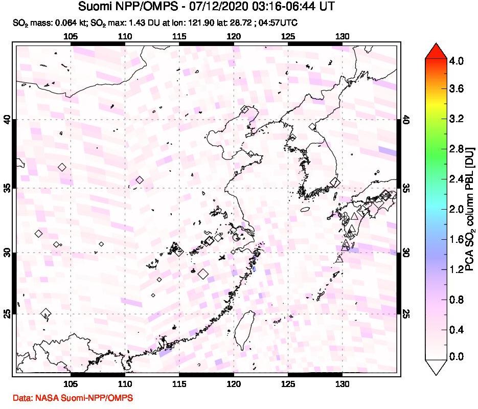 A sulfur dioxide image over Eastern China on Jul 12, 2020.
