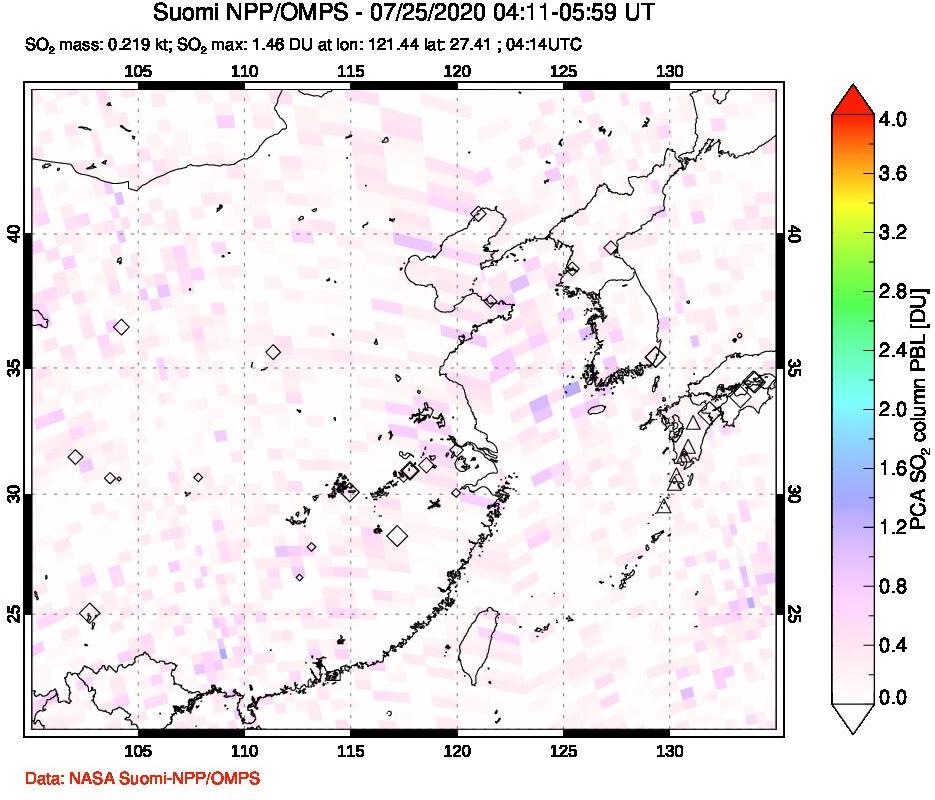 A sulfur dioxide image over Eastern China on Jul 25, 2020.