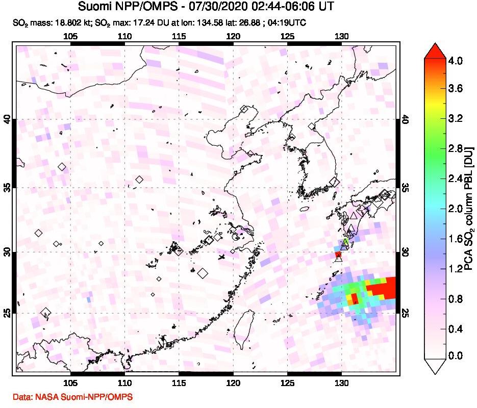 A sulfur dioxide image over Eastern China on Jul 30, 2020.