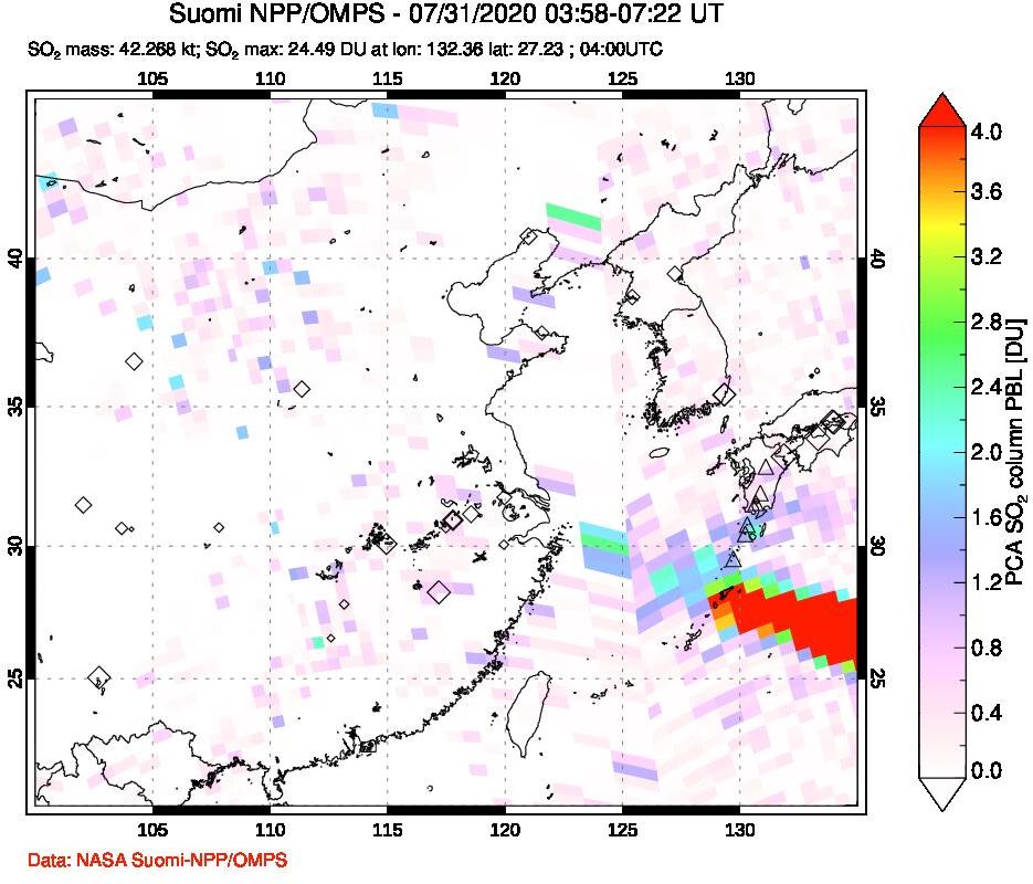 A sulfur dioxide image over Eastern China on Jul 31, 2020.