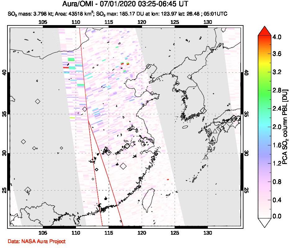A sulfur dioxide image over Eastern China on Jul 01, 2020.