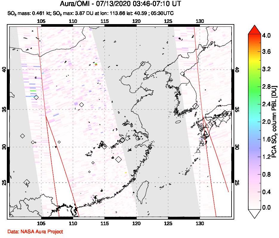 A sulfur dioxide image over Eastern China on Jul 13, 2020.