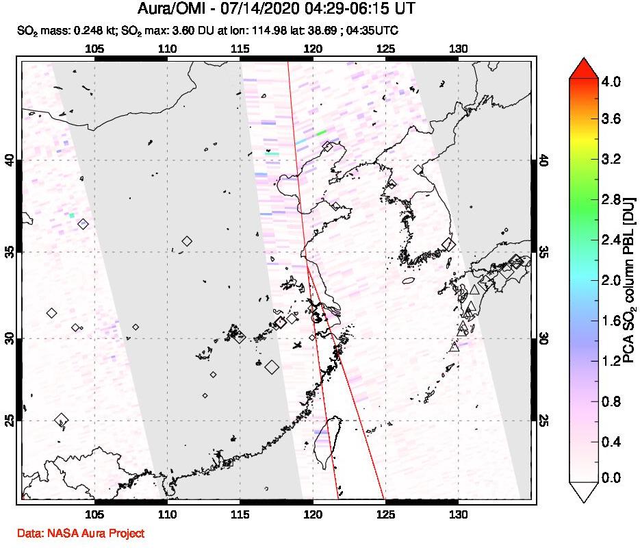 A sulfur dioxide image over Eastern China on Jul 14, 2020.