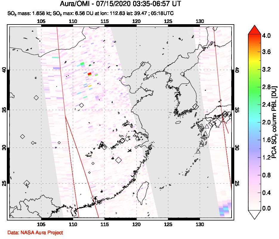 A sulfur dioxide image over Eastern China on Jul 15, 2020.
