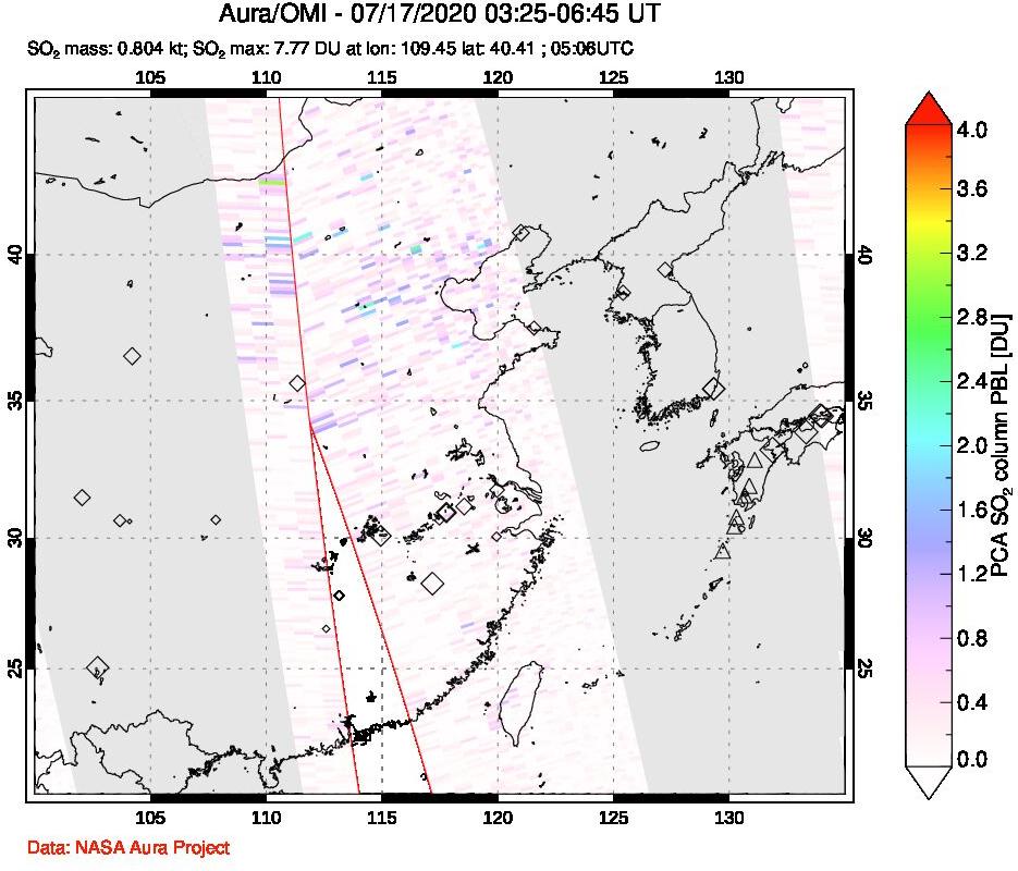A sulfur dioxide image over Eastern China on Jul 17, 2020.