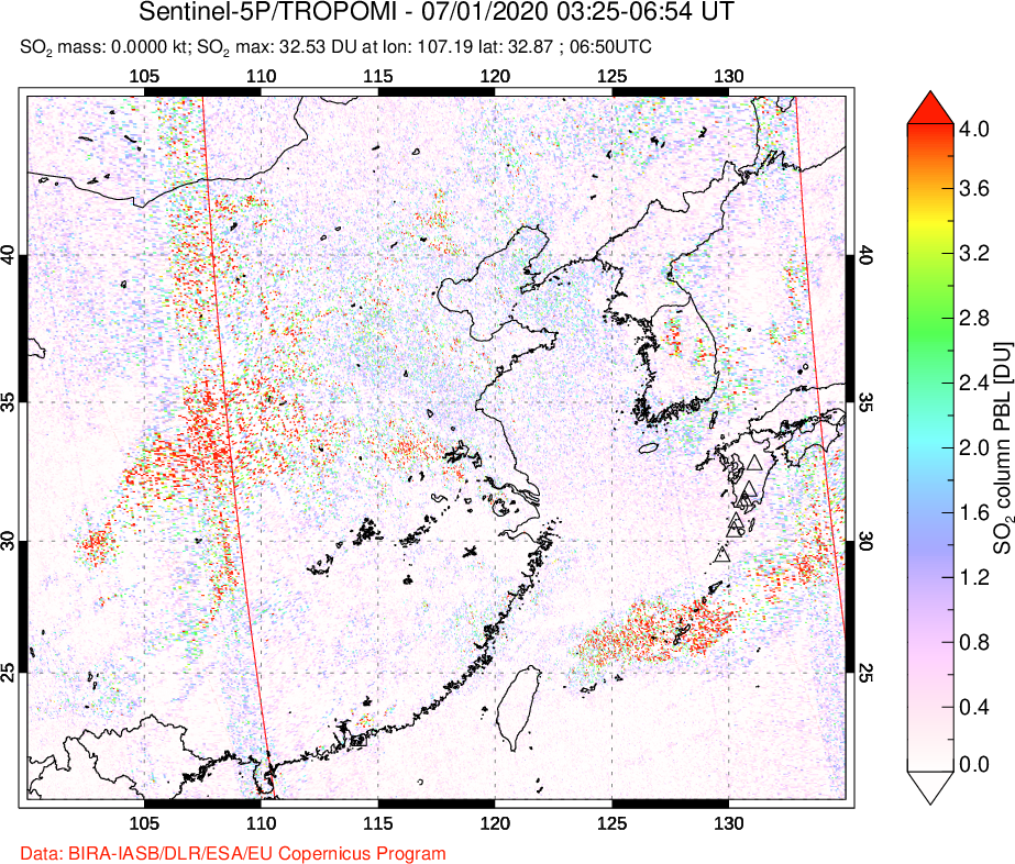 A sulfur dioxide image over Eastern China on Jul 01, 2020.