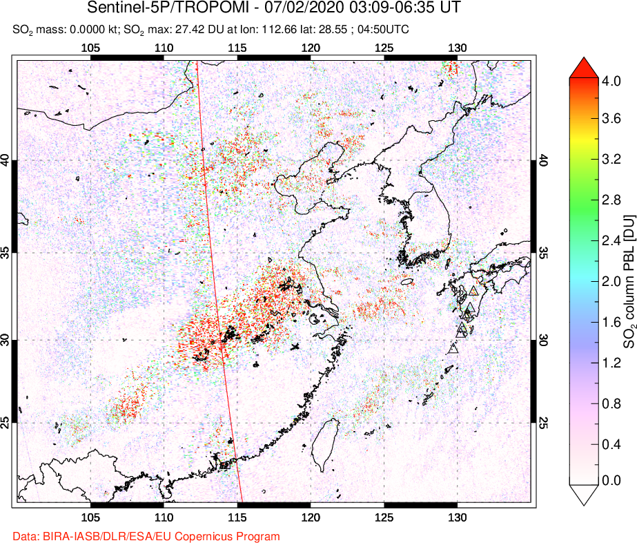A sulfur dioxide image over Eastern China on Jul 02, 2020.