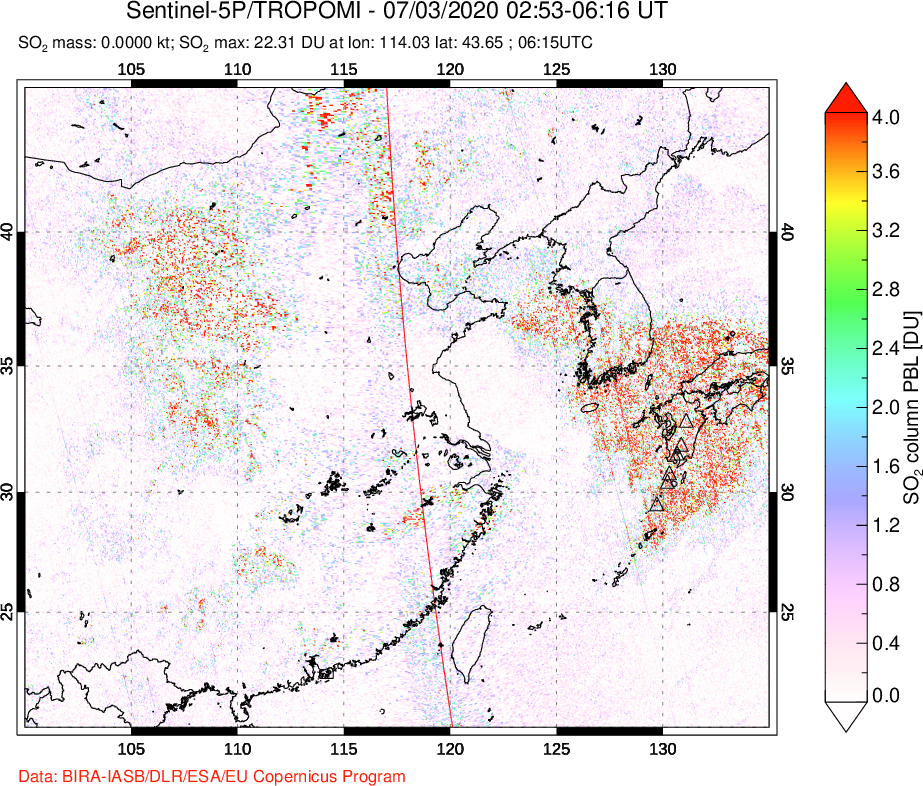 A sulfur dioxide image over Eastern China on Jul 03, 2020.
