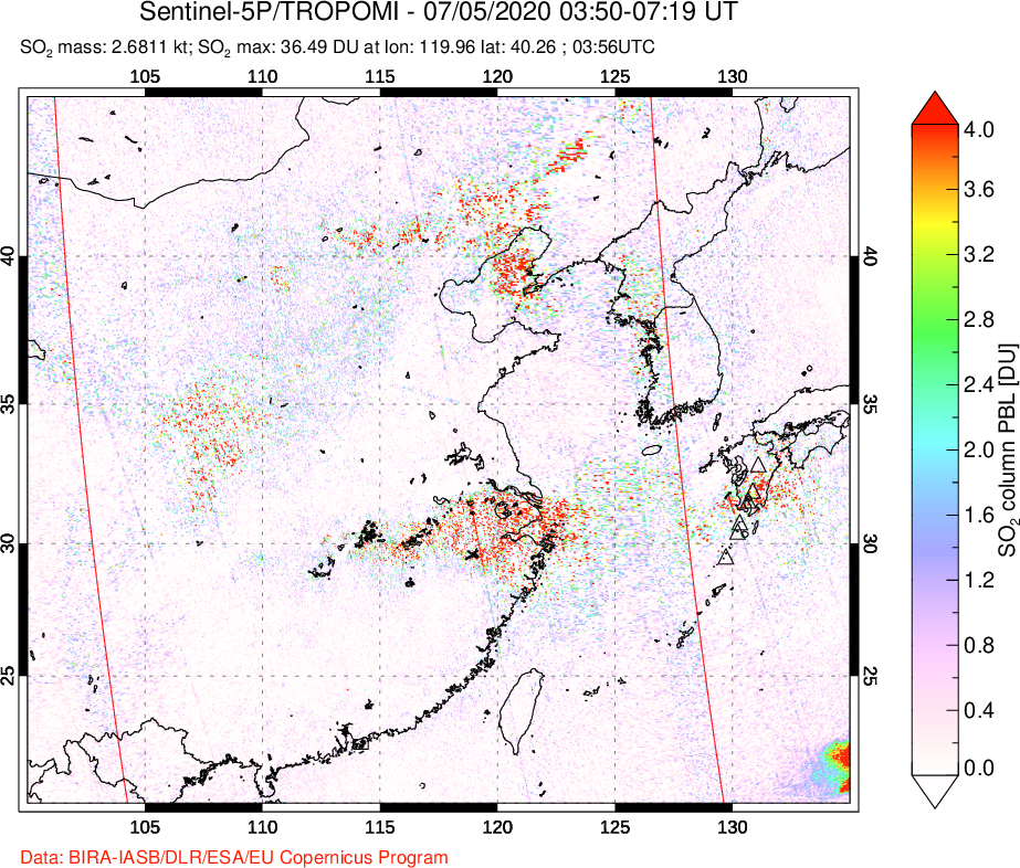A sulfur dioxide image over Eastern China on Jul 05, 2020.